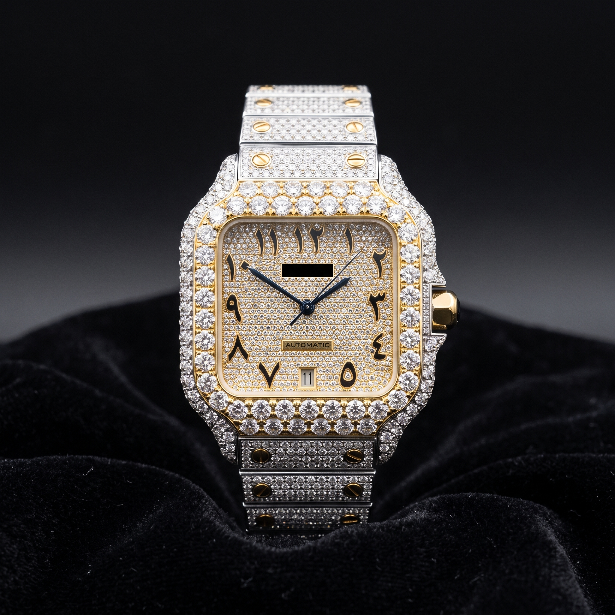 Cartier Santos, fully iced out, two-tone, gold numerals