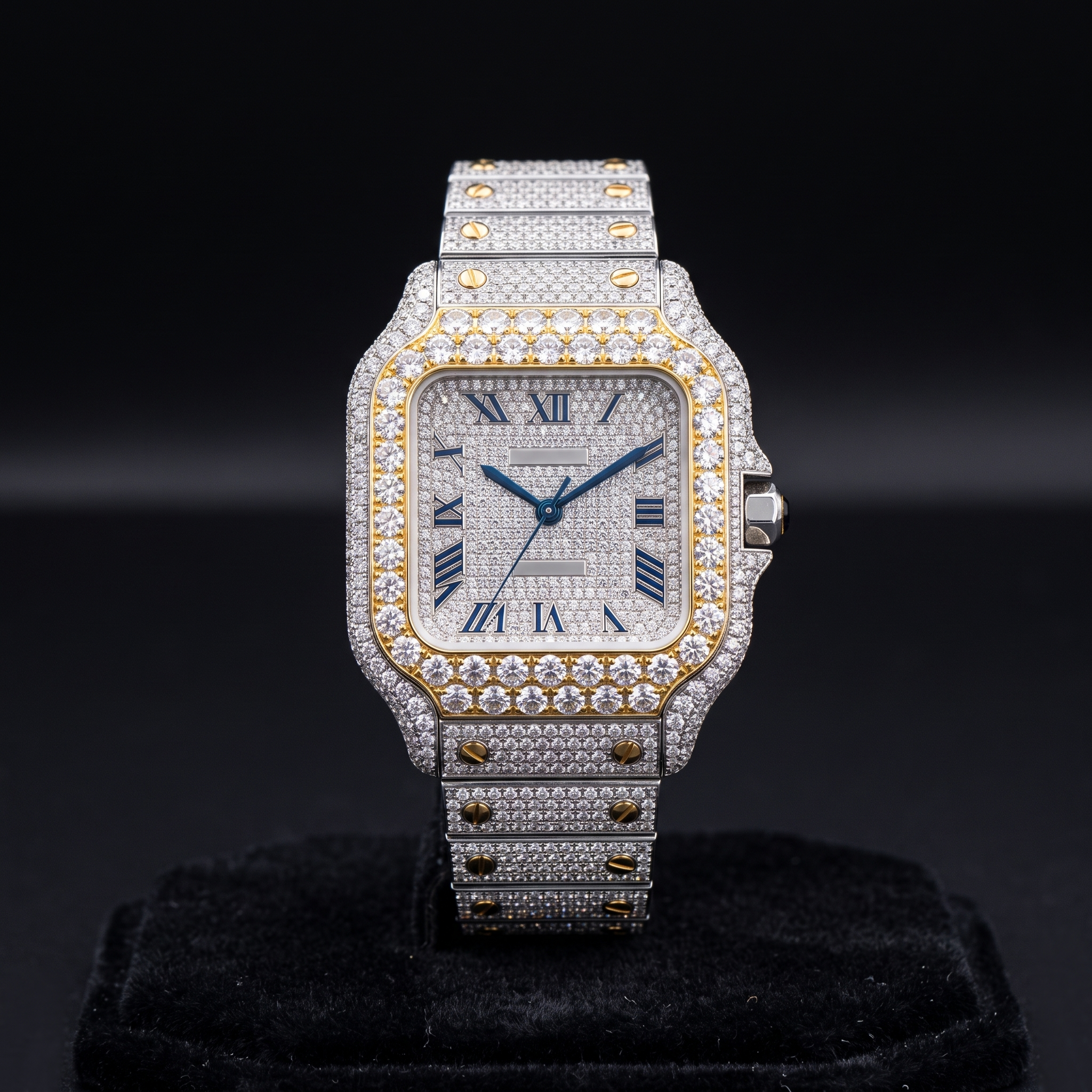 Cartier Santos, fully iced out, white dial, blue numerals