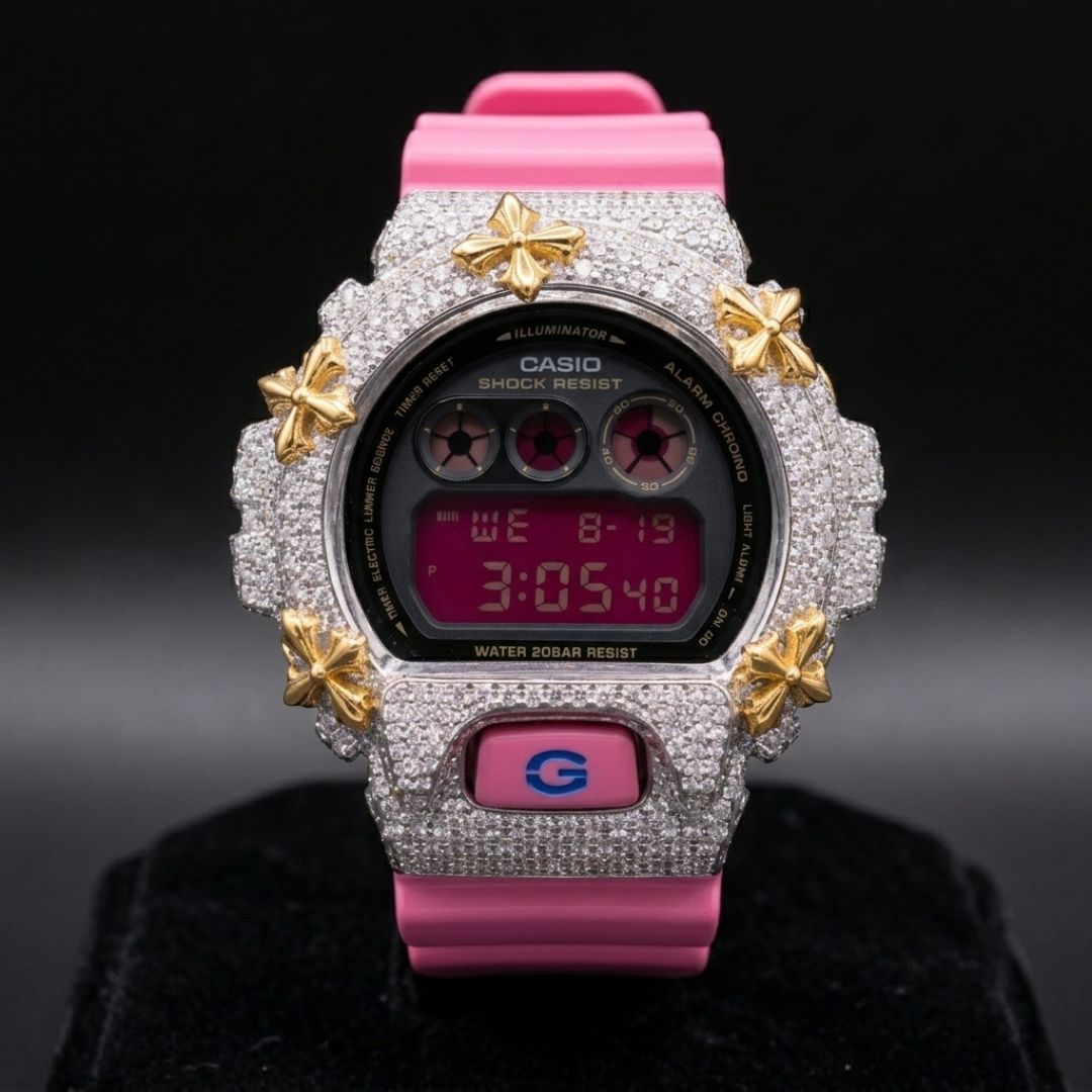 G-Shock, pink, iced silver-tone case, gold chrome heart crosses