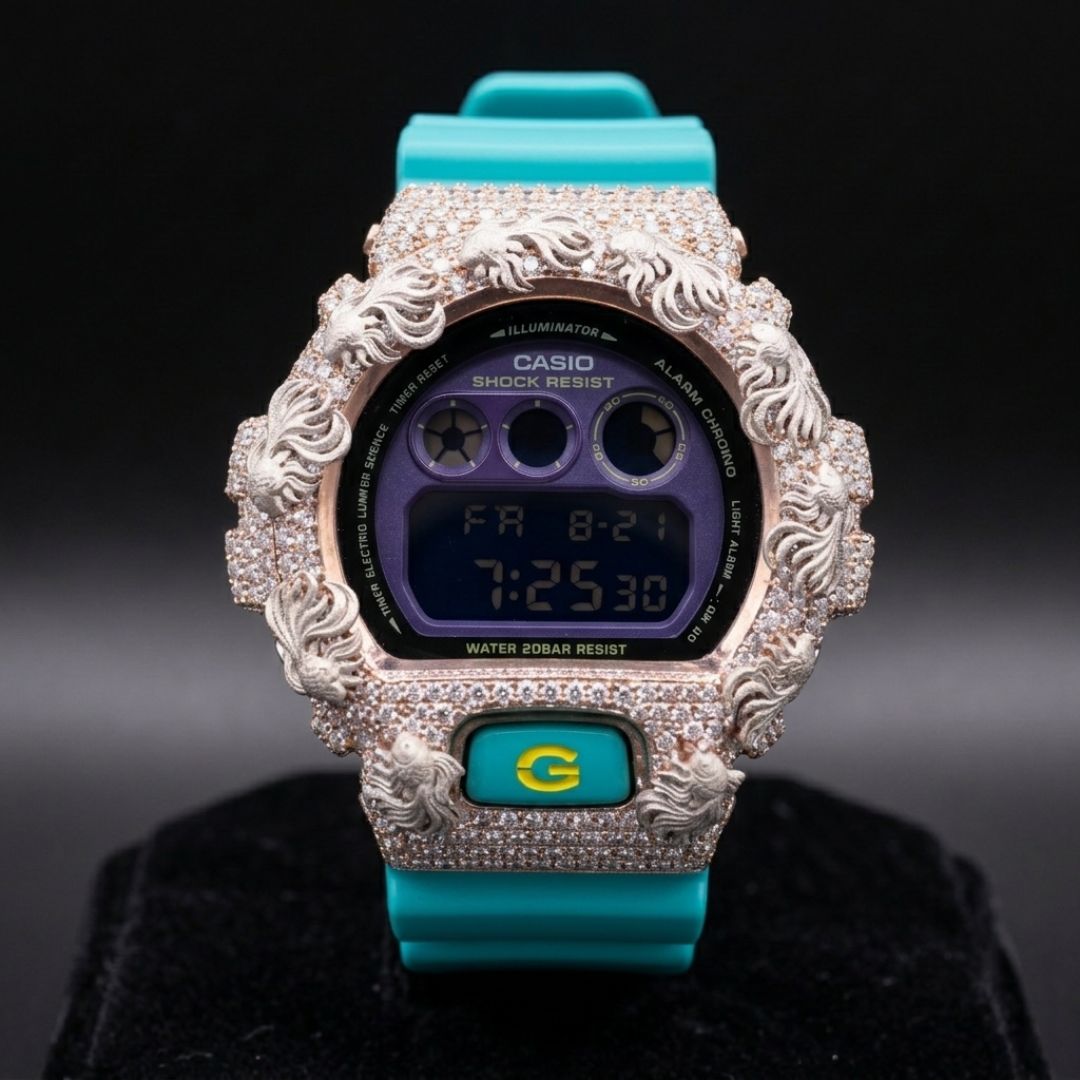G-Shock, turquoise, rose-gold tone case, floral bezel
